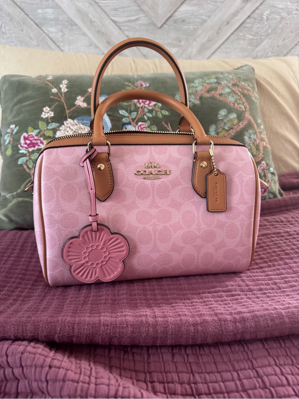 COACH Powder Pink Signature Satchel with Tan Leather Trim and Matching Wristlet